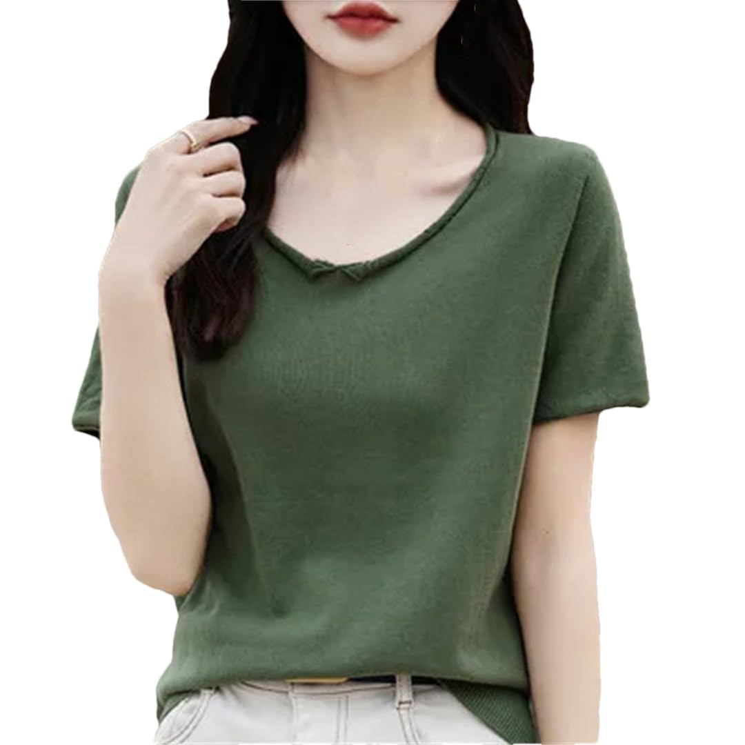T-shirt d'été à manches courtes pour femme - Couleur unie - Tricot - Col rond - Haut ample