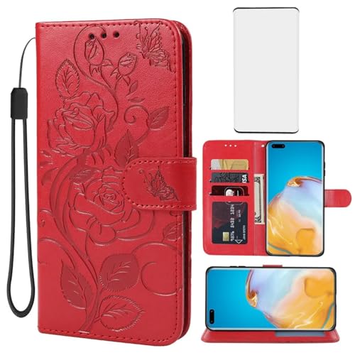 Yerebel Funda para Huawei P40 Pro, ELSN04 ELSNX9 funda tipo cartera con protector de pantalla de vidrio templado, funda protectora de piel con diseño de flores, soporte para tarjetas de crédito, funda