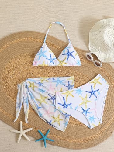 Image of SEGT Girl's 3 Piece Striped Bikini Swimwear Cute Swimsuits Bathing Suit High Waisted with Cover Up Beach Skirt