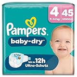 Pampers Baby-Dry Größe 4, 45 Windeln, 9kg-14kg, Bis zu 100% Auslaufschutz & Komfort die ganze Nacht