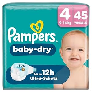 Pampers Baby-Dry Größe 4, 45 Windeln, 9kg-14kg, Bis zu 100% Auslaufschutz & Komfort die ganze Nacht