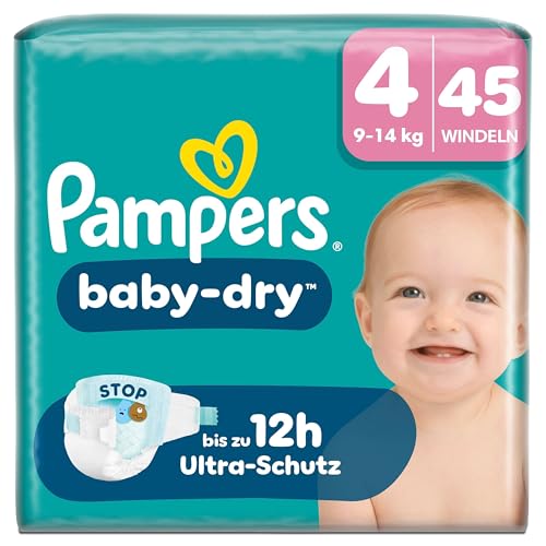 Pampers Baby-Dry Größe 4, 45 Windeln, 9kg-14kg, Bis zu 100% Auslaufschutz & Komfort die ganze Nacht