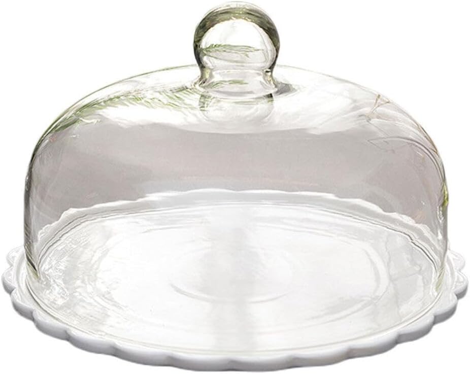 Angoily 9 Inch Small Clear Glass Dessert Cloche Dome Cake Stand with Dome Cover Dessert Cover Cake Glass Cover for Dessert Table Display for Parties (White)