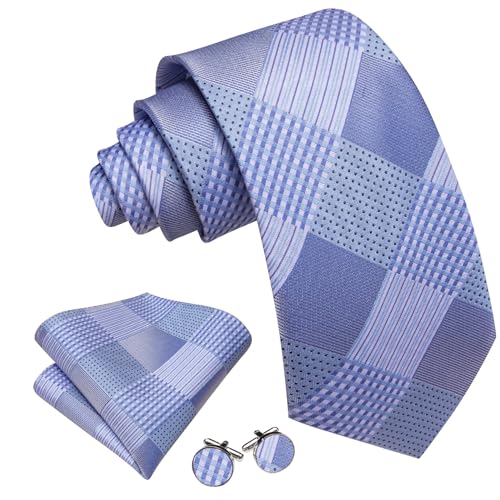 Image of Barry.Wang Designer Classic Ties for Men Set Formal Pocket Square Cufflink Check Plaid
