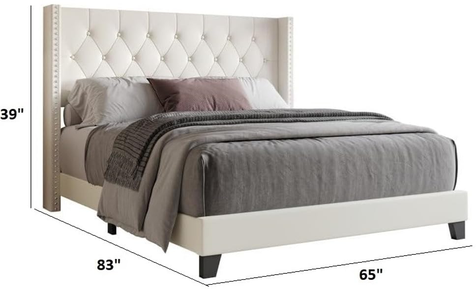 Image of Wooden Modern Upholstered Queen Size Bed for Bedroom | Wooden Double Bed Without Storage | Platform Cot Upholstered Bed with Upholstery Fabric | Engineered Wood | 6.5 x 5 Ft | White Cassius