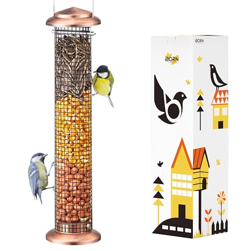 iBorn Metal Peanut Bird Feeders for Outdoors - 14" Peanut & Sunflower Seed Feeder, Hanging Metal Mesh Mixed Seed Bird Feeder with Easy-Clean Design for Woodpeckers, Jays, Titmice,Copper