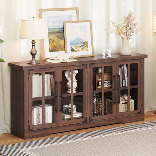 Albott Sideboard Cabinet with Storage 63 Modern Farmhouse Buffet Cabinet with 4 Glass Doors Adjustable Shelf Wood Buffet Table Cabinet fo Dining Room Living Room KitchenDark Brown