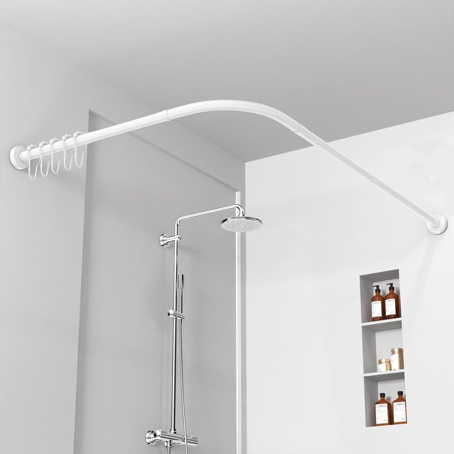 White Shower Curtain Rail | Non Rust L Shaped Shower Curtain Rail | Adjustable Shower Curtain Pole | Shower Rail Kit