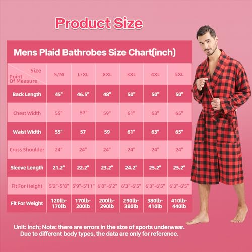 Image of FashGudim Mens Buffalo Plaid Cotton Robe Lightweight Bathrobe Shawl Collar Kimono Sleepwear Loungewear House Robes