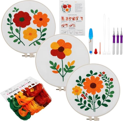 Image of Looples Punch Needle Embroidery Kit for Beginners and Adults with Video Tutorials - DIY Starter Kit with 3 Stamped Floral Patterns, Hoops, Threads, Needles, and Instructions (Punch Needle: Floral)