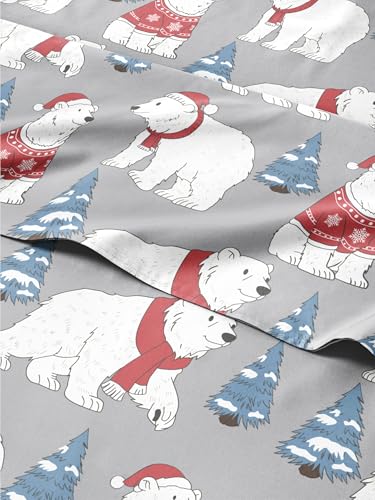 Split King Christmas Santa Bears Sheet Set - Holiday Xmas Pattern Bedding Set - Deep Pockets - Snug Fit - 5 Piece - Wrinkle Free - Comfy Festive Winter - Holiday Sheets for Women, Men, Kids & Teens