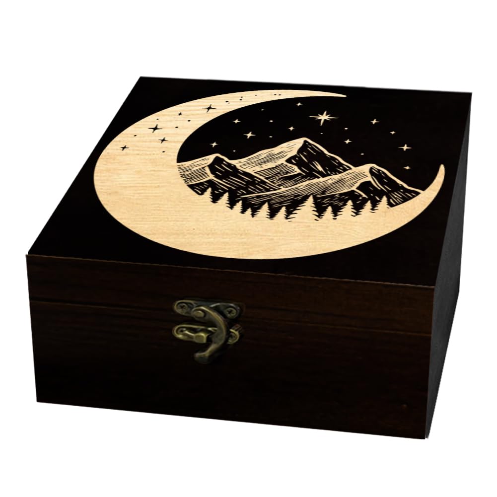 arricraft 1 Pc Wooden Keepsake Storage Box, Crescent Moon Stars Mountains Forest Square Pine Memory Box for Anniversary Jewelry Board Storage 12x12x6cm (4.72x4.72x2.36 inches)