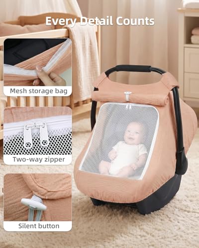 Image of Rquite Car Seat Cover Baby Girl Boy, 100% Muslin Cotton Carseat Covers, Breathable Infant Windproof Canopy with Mesh Window, Stroller Sun Shade for Summer & Hot Day, Dusty Rose