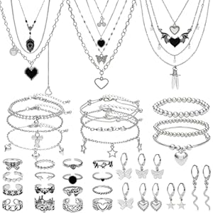 NEWITIN 45 Pieces Silver Jewelry Set for Women Party Costume Punk Jewelry Set Goth Grunge Y2k Accessories Vintage Gothic Necklaces Bracelets Earrings Rings for Women Men