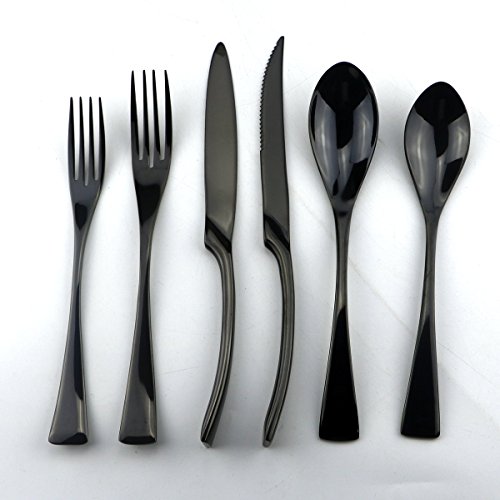Uniturcky Stainless Steel Mirror Polished Flatware Set, Steak Knife Dinnerware Knife Fork Salad Fork Dessert Spoon 6-Piece, Service For 1, Black #TOP1