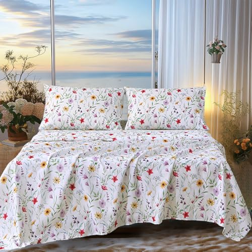 Image of MUXHOMO Full Size 4 Piece Sheet Set, Soft & Breathable Sheet for Bedroom with Deep Pocket Up to 16 inch, Wrinkle-Free & Cooling Bed Sheet with Flat Sheet, Fitted Sheet & Pillowcases - Romantic Flowers