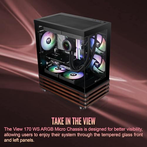 Image of Thermaltake View 170 WS ARGB; Micro Chassis; Bottom Wood Trim; 3x120mm ARGB Lite Fans Included; 340mm GPU Clearance; 160mm Air Cooler Max Height; mATX /mITX; Black; CA-1Z4-00M1WN-WS