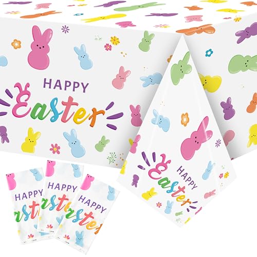 Image of Easter Bunny Peeps Tablecloth - 3 Pack Happy Easter Tablecover Decoration Set Colorful Rabbits Plastic Disposable Rectangle Waterproof Table Covers Hello Spring Party Picnic Dinner Decor