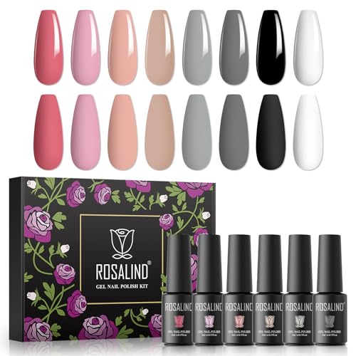 ROSALIND Esmaltes Semipermanentes para Uñas, 8 Color Blanco Negro Desnudo Rosa Gris Pintauñas Semipermanentes, 5ml UV Gel de Uñas Semipermanente, Set Manicura, Gel Nail Polish 8Pcs