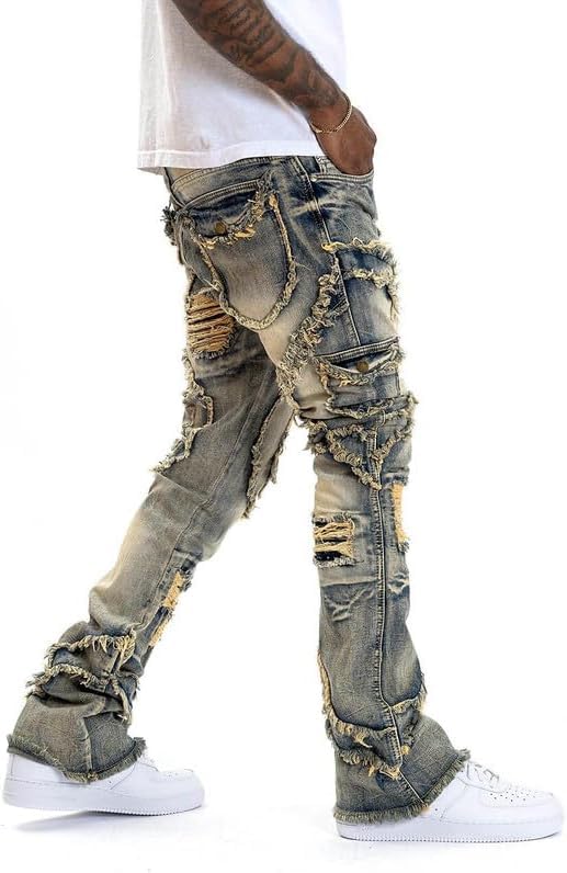 Mens Stacked Slim Fit Jeans Ripped Y2k Skinny Jeans Distressed Destroyed Stretch Hip Hop Straight Denim Pants3