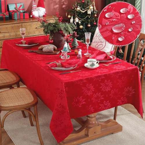 SASTYBALE Christmas Tablecloths Rectangular, Jacquard Xmas Table Cloth with Poinsettia Flowers, Spill Proof Heavy Duty Table Cover for Parties Winter Holiday Decor (Rectangle, 52" x 70", Red