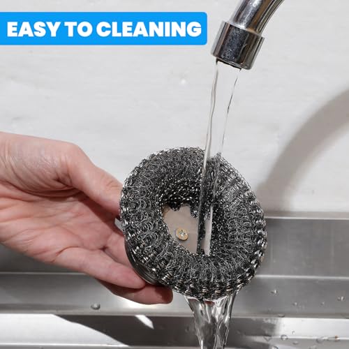 Image of 4 Pcs Steel Wool Scrubber with Handle Heavy Duty Metal Pot Scrubber Brush 16 Pcs Stainless Wool for Cleaning Dishes Pans Steel Scouring Pad for Kitchen Cast Iron Sink Griddles Grills