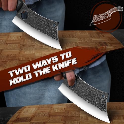 Image of ROCOCO Meat Cleaver Butcher Knife - Full Tang Knife & Sheath Gift Idea Men | Sharp Hand forged Knife for Home Outdoor BBQ Camping Mother Father Gift Idea Men Black 6.3 inch