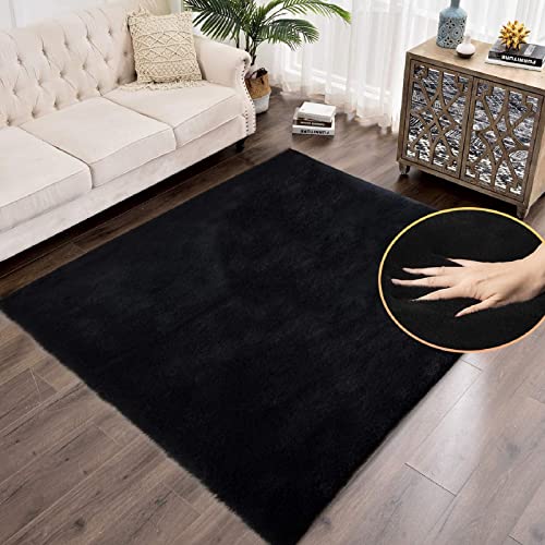 Black Fluffy Rug 5x8 Area Rugs for Bedroom Fuzzy Bunny Washable Fur Rugs for Living Room Teen Room Nursery Rectangle Rug