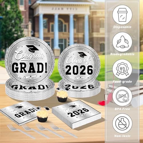 Image of QZYL 200Pcs Sliver Graduation Plates and Napkins, Graduation Party Supplies for 50 Guests, Disposable Grad Dessert Plates and Plastic Forks for Grad Party Decorations