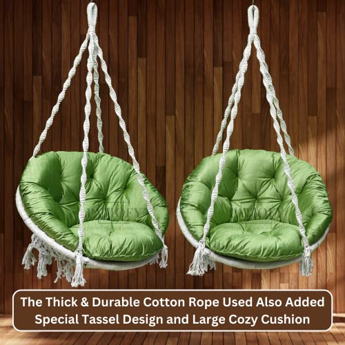 Image of Patiofy Premium Round Shaped Swing for Adults /Jhula for Adults /Swing for Balcony /Hammock Swing /Jhoola for Adults Outdoor /150kgs Weight Capacity /Includes Large Green Sitting Cushion(White-32Inches)