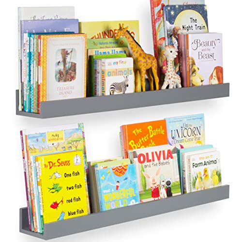 Wallniture Denver 34" Floating Shelves for Wall, Floating Bookshelf for Kids Room Decor and Nursery Decor, Gray Kids Room Shelf Set of 2