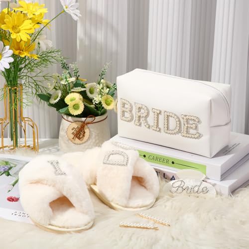 5 Pcs Bridal Gift Set Bride Makeup Bag I Do Bride Slippers Claw Hair Clip and Hairpins Accessories Wedding Engagement Gift Shower for Bridal Engagement Bachelorette Party4