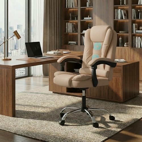 Image of Casa Copenhagen Italia Premium Leatherette Office Chair for Work | Boss Chair, Ergonomic Executive, Luxurious Cushioned Arms & Seat, 2 Point Back Massager, Heavy Duty Metal Base (Beige)
