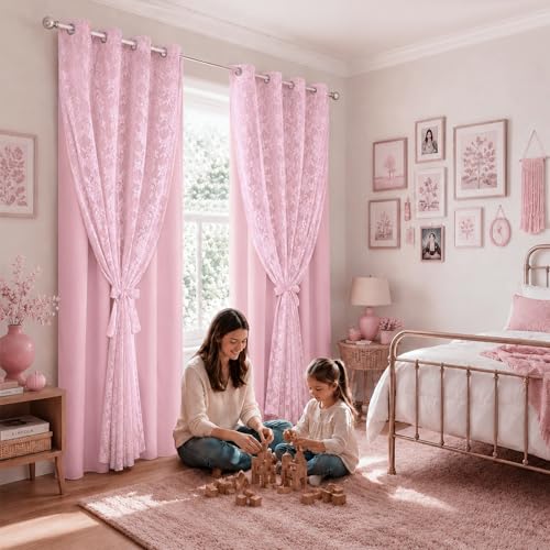 Image of Yinhua Pink Blackout Curtains Double Layer Curtains for Bedroom 84 Inch Length Nursery Curtain for Living Room, Grommet Drapes with Tiebacks, 2 Panels, 52 inch W x 84 inch L