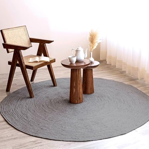 Image of Natural Jute Rounds Rug - Vibrant Color Handwoven Area Carpet for Living Room, Bedroom & Boho Decor - Eco-Friendly Circular Mat - Multiple Sizes & Colors -(Grey, 4x4 feet