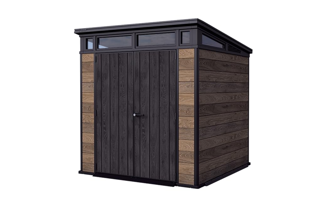 Keter Gerätehaus Signature 7x7 mit Doppeltür und Bodenplatte, abschließbar, Kunststoff wetterfest, 4,7 m² Gartenhaus Walnuss