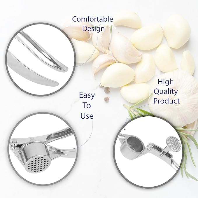 Image of Quick Garlic Press Crusher - Stainless Steel Garlic Mincer & Ginger and Garlic Crusher, Manual Curved Grinder with Garlic Peeler Tool & Chopper (Medium Size)
