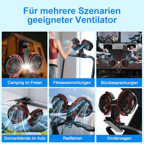 NIFBANG Clip Ventilator Akku mit Licht, USB C Aufladbar Leise Fan Doppelkopf Wandventilator,Stark Lüfter Wand für Büro, Bett, Schlafzimmer, Auto, Wohnmobil, Outdoor Camping Klemmventilator(Schwarz)
