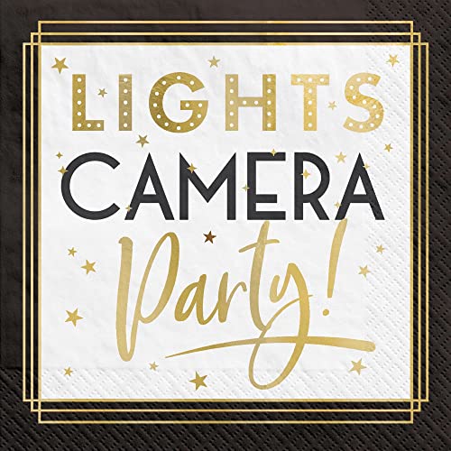 Lights Camera Party' Black & Gold Hot-Stamped Paper Beverage Napkins (Pack Of 40) - 5