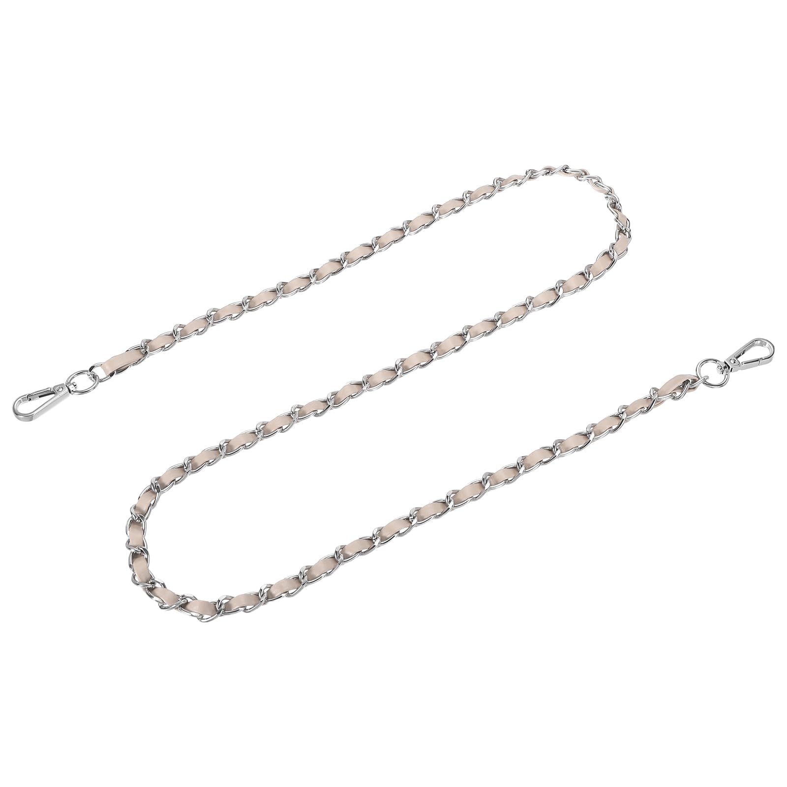 sourcing map Purse Chain Strap, 47 Inch Leather Iron Flat Chain Handbag Chains Purse Straps with Buckles for Shoulder and Cross Body Bags (Beige Strap + Silver Chain)