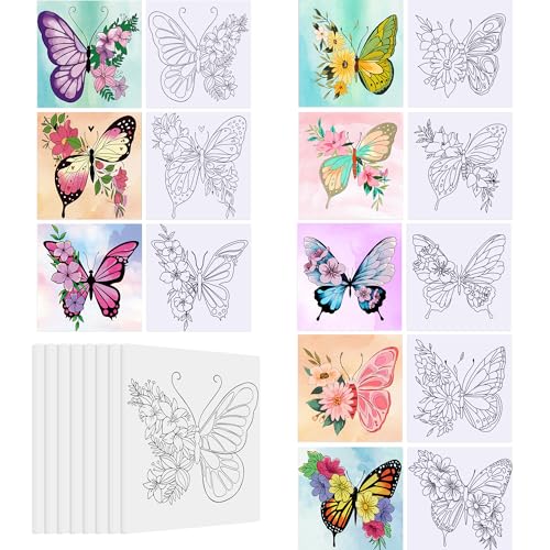 8 Pack Pre Drawn Canvas for Painting for Adults, 8x10 Inches Canvas Butterfly Flower Theme Painting Kits, Butterflies Pre Printed Canvas for DIY Painting for Party Favors Supplies