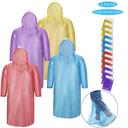 SKYSPER 12pcs Chubasquero Impermeables Desechables Lluvia Poncho con Capucha Poncho de Lluvia Desechable Gorros Reutilizable Emergencia para Niños Concierto Senderismo Acampada Viaje Picnic