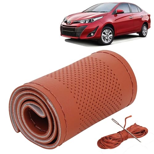Image of KINGSWAY PU Leatherite Car Steering Cover Sewable Compatible with Toyota Yaris (Year 2018 Onwards), Tan Color with Tan Thread, Pack of 1 with Sewing Needle and Thread