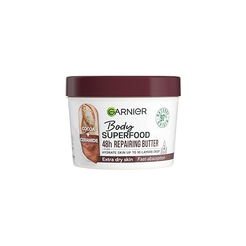 Garnier Cuidado corporal reparador para piel seca, manteca corporal con manteca de cacao y ceramidas, para hasta 48 horas de humedad, superalimento
