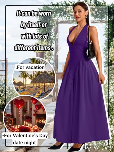 Image of ChiaoLezhee Deep V Neck Dress, Halter Maxi Dresses, Vacation Date Night, Sexy for Women Corset Flowy Wedding Guest Drop Waist