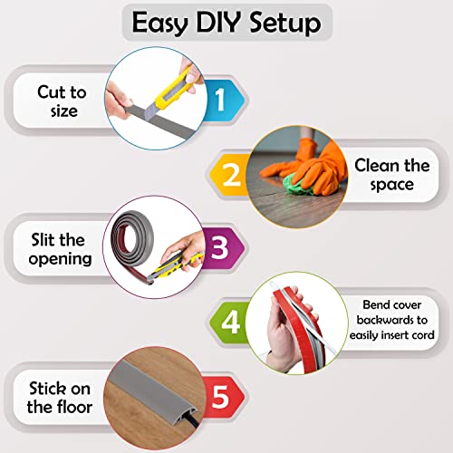 Rubber Bond Cord Cover Floor Cable Protector - Strong Self Adhesive Floor Cord Covers For Wires - Low Profile Extension Cord Covers For Floor & Wall - Grey - Thin Cord - 4 Feet #TOP6