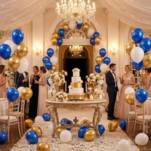 Image of Hiquaty Blue and Gold Balloons,60pcs 12 Inch Royal Blue and White Balloons