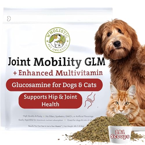Wholistic Pet Organics - Hip and Joint Supplement for Dogs & Cats - Cat and Dog Joint Supplement - Green Lipped Mussels, Glucosamine, Chondroitin for Dogs & Cat Mobility Support - 4 Lb - 181 Scoops
