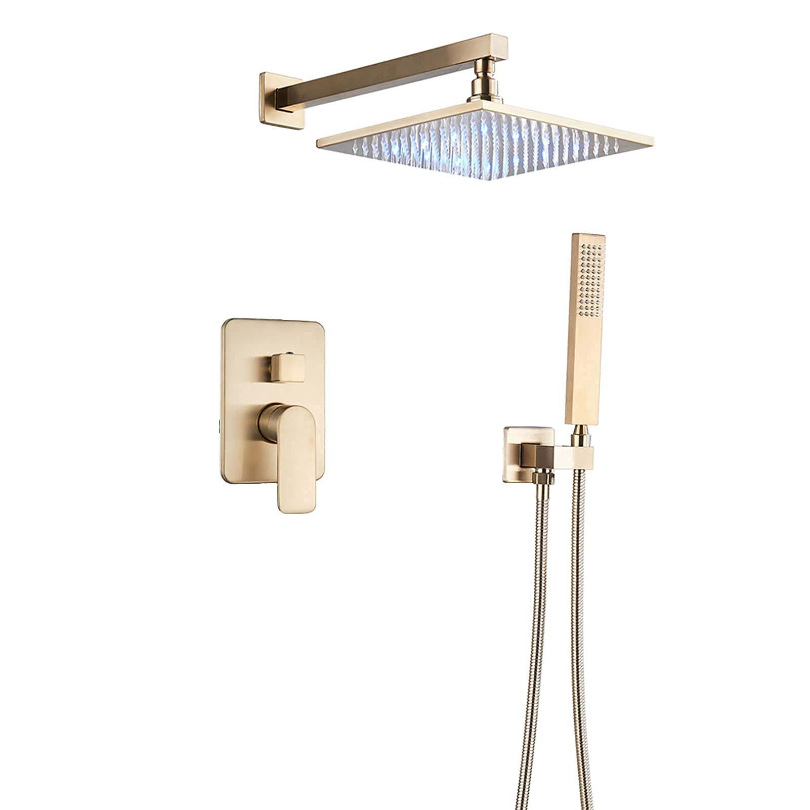 OZBMA Shower System Brushed Gold, Led Rainfall Head With Handheld Shower, Brass Single Handle Wall Mounted Faucet Set, Mixer Tap,12Inch (12inch) (10inch)