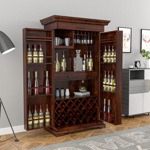 Image of Sheesham Solid Wood New Pre-Assemble Wooden Stylish Bar Cabinet /Wine Rack /Beer Bar /with Wine Glass Storage (Dark Brown)